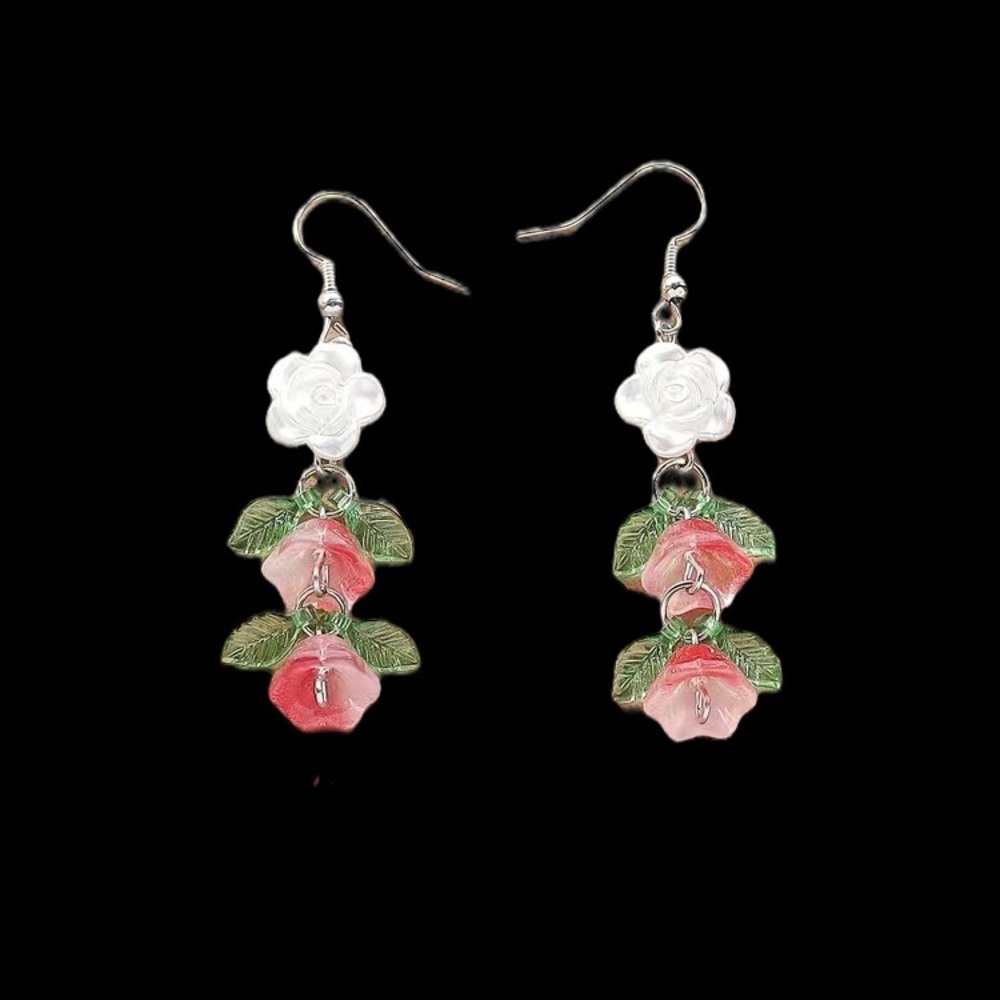Cottage Core Pink and White Floral Flower Dangle Earrings